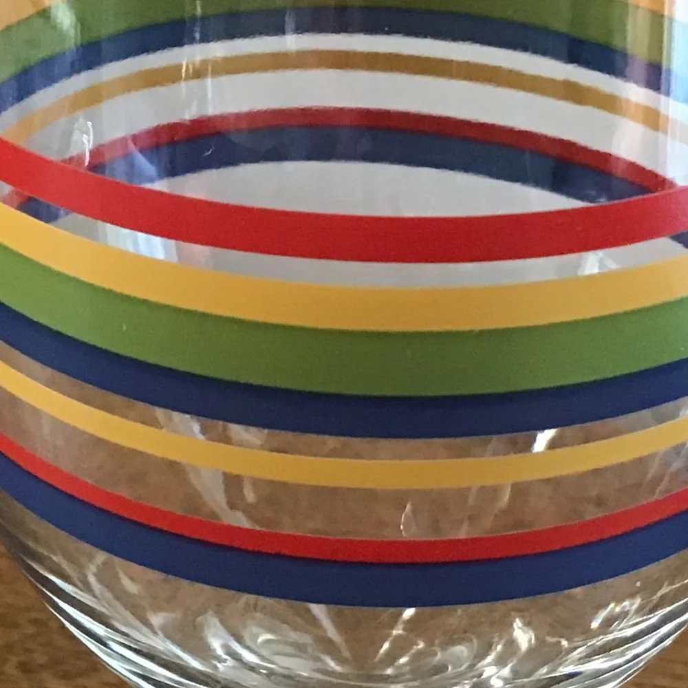 Vintage Libbey Fiesta Mambo Striped Wine Glass Blue Green Red Yellow Rings